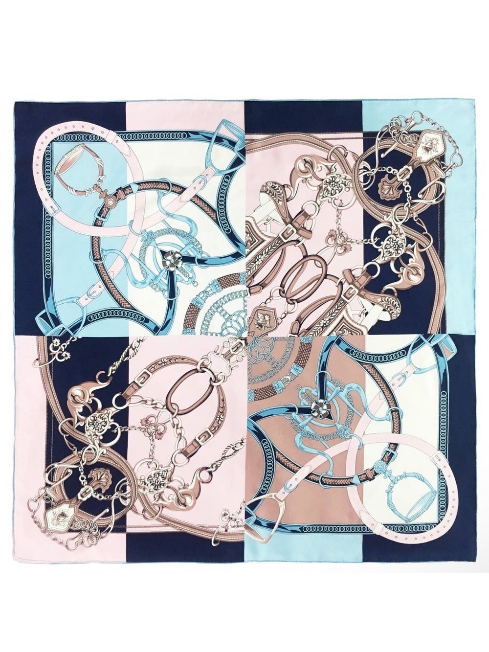 Chain & Equestrian Print Silk-Feel Scarf in Pink, Light Blue & Navy (42)